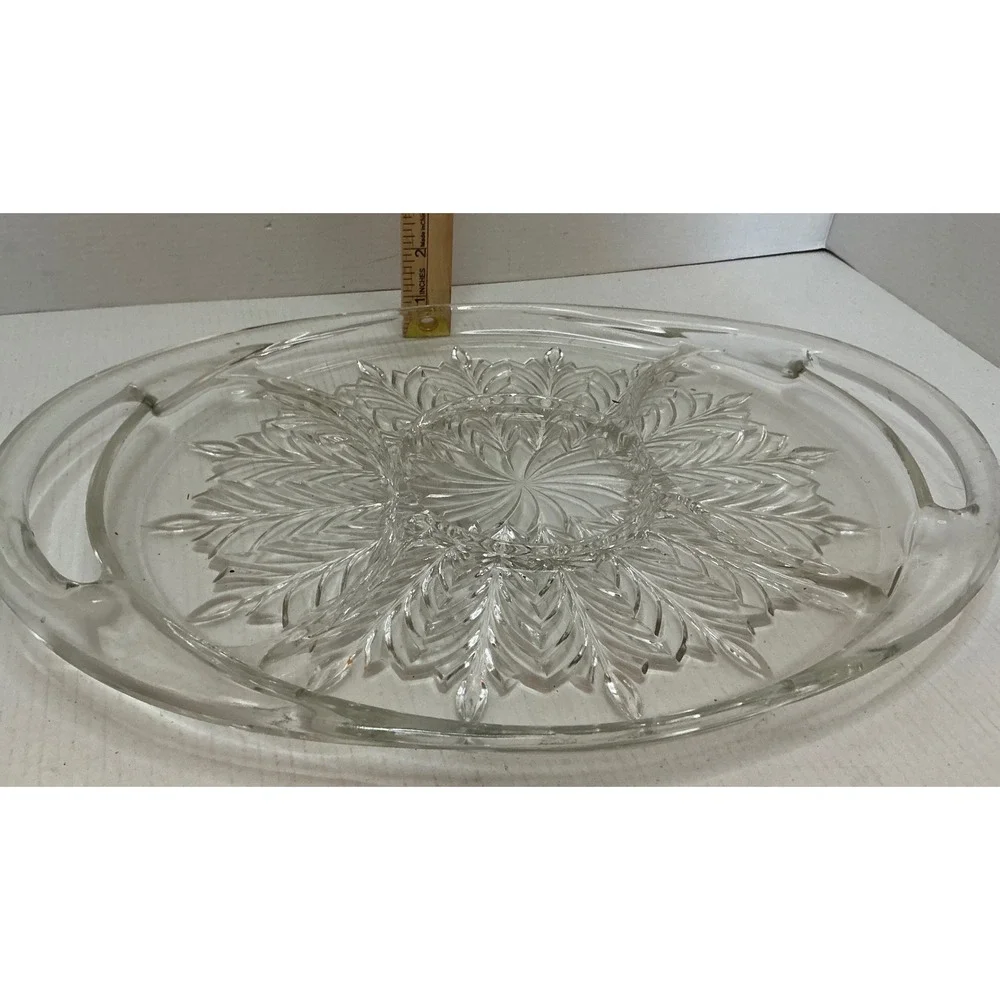 Vintage Glass Relish Tray Divided Serving Platter Feather Sunburst